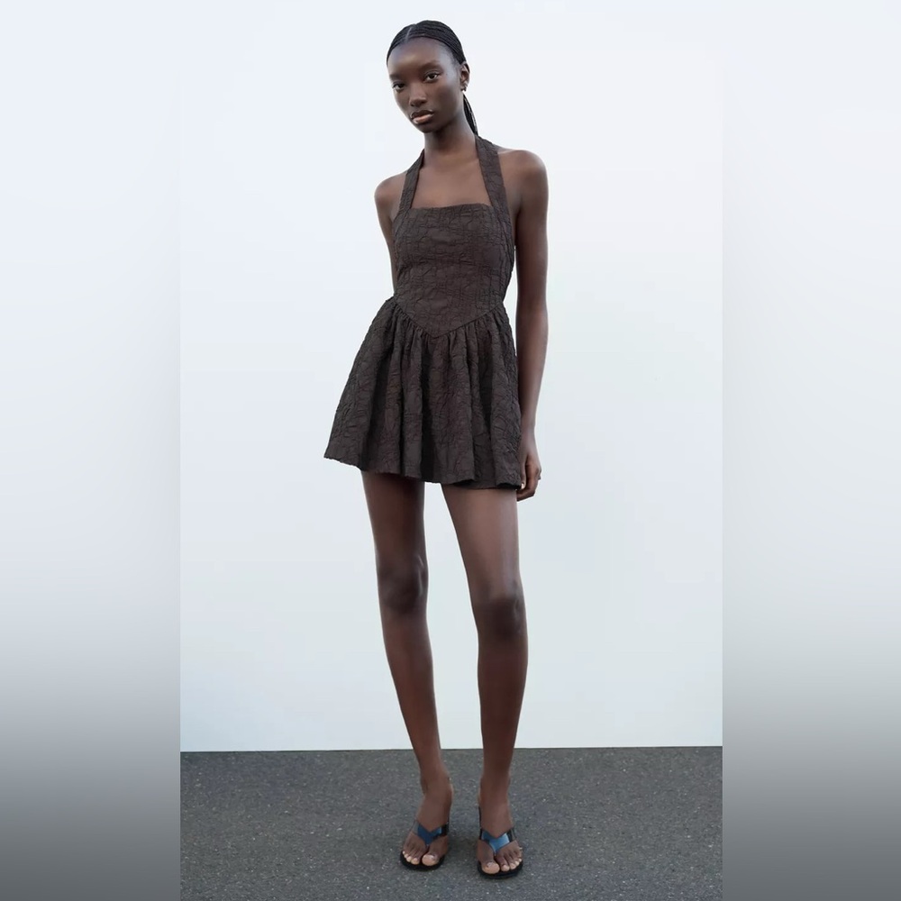 New Zara Textured Halter Dress Mini Dress Chocolate Brown Small
